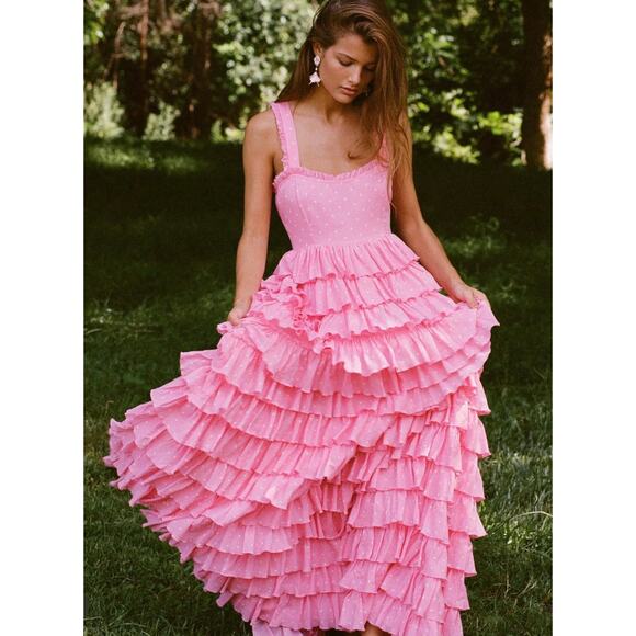 LoveShackFancy Dresses & Skirts - Loveshackfancy Idra Tiered Ruffle Maxi Dress Polka dot Hot Pink Cherry Sz 4